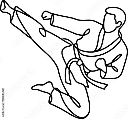 Continuous one line drawing of a karate fighter performing a high kick.