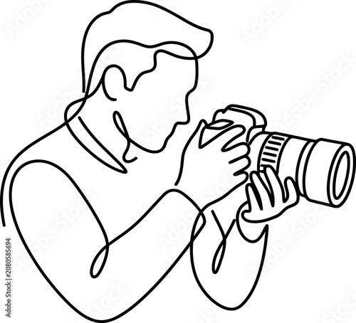 Continuous line drawing of a photographer holding a professional camera.