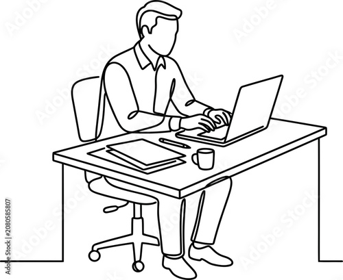 Continuous line drawing of a professional man working on a laptop at his office desk.