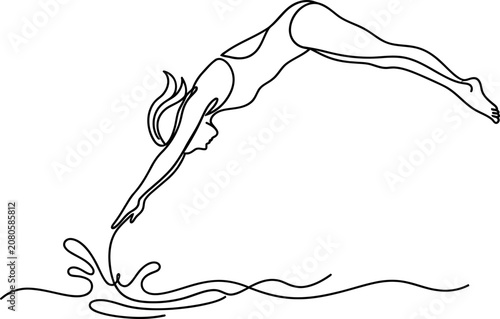 Continuous single line drawing of a female swimmer diving into water.