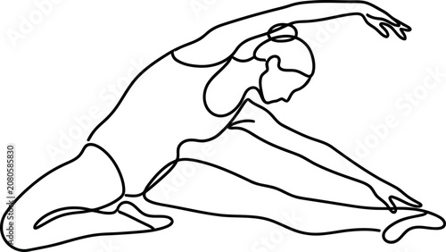 Minimalist continuous line drawing of a female gymnast stretching.