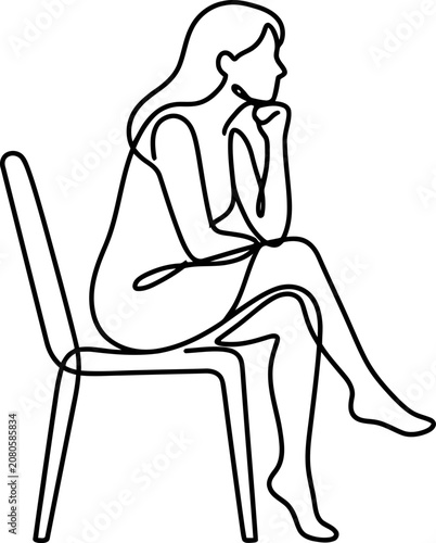 Continuous one line drawing of a woman sitting on a chair.
