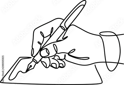 Continuous line drawing of a hand writing with a fountain pen.