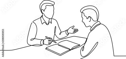 Continuous one line drawing of a job interview between two men.