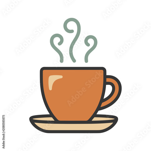 Orange coffee cup with steam on saucer, flat vector illustration