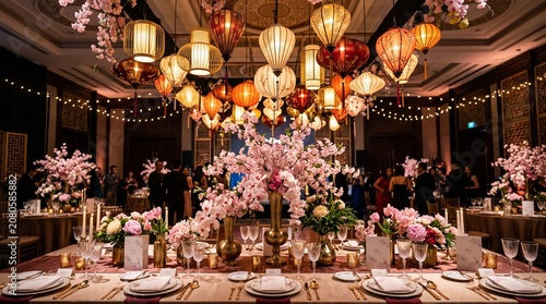 An elegant banquet hall beautifully decorated with vibrant hanging lanterns and stunning pink floral centerpieces for a sophisticated celebration.