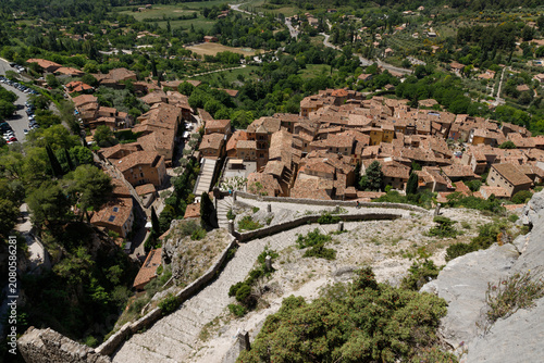 High angle view of Moustiers-Sainte-Marie village with traditional terracotta roofs.