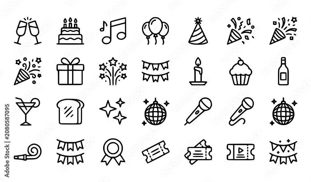Fototapeta premium Professional Celebration and Event Outline Icon Collection Editable Vector Set