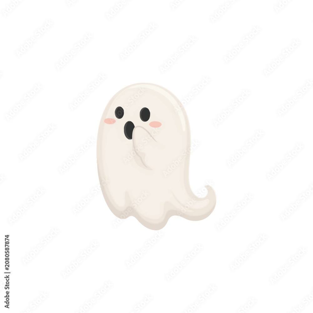 Fototapeta premium Cute little ghost character looking surprised with hand over mouth isolated on a plain white background, for whimsical projects