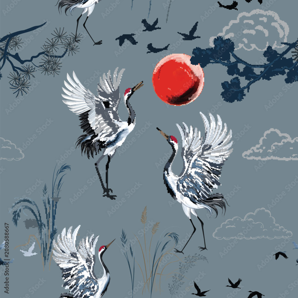 Fototapeta premium Floral Fashion vintage style seamless pattern with cranes birds in oriental asian style. Nature gentle seamless Japan pattern. Vector