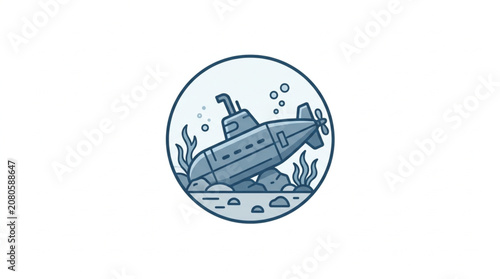 Blue submarine underwater exploring ocean floor with plants.