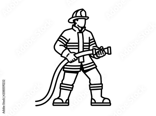 Firefighter in full gear holding a hose Vector illustration