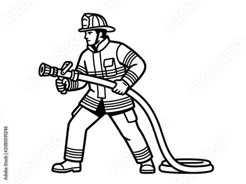 Firefighter in action holding hose Vector (39).eps illustration of emergency response