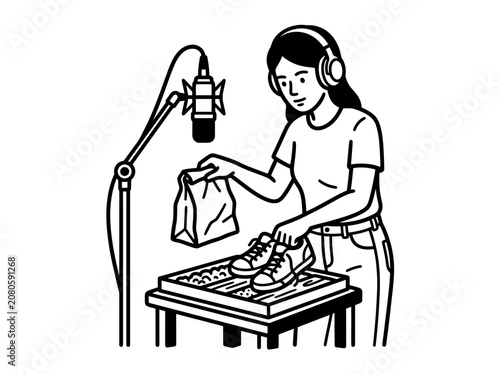 Musician prepares equipment for live performance with headphones on