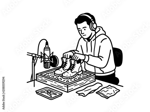 Man wearing headphones works on Vector record with microphone nearby.
