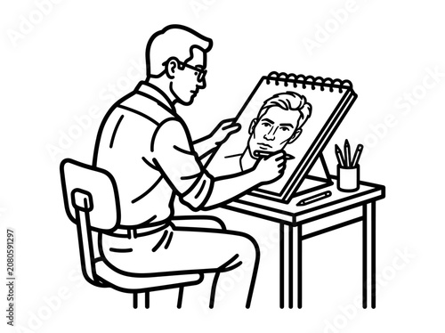 An artist sitting at a desk draws a portrait of a man with pencils on paper
