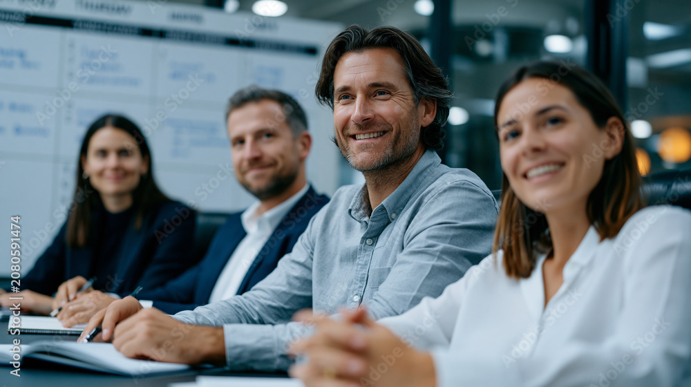Fototapeta premium Four colleagues in business casual seated around a small conference table on a Thursday afternoon, a whiteboard tracking project milestones labeled by day rather than hours, relaxed posture and open