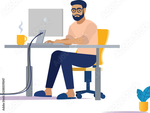 Young man working on desktop computer at desk illustration atau Freelancer character sitting at office workplace