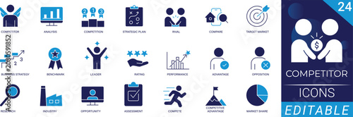 Cuadro en lienzo Competitor Solid Icon Set, rival, match, fight, race, Glyphs for Web