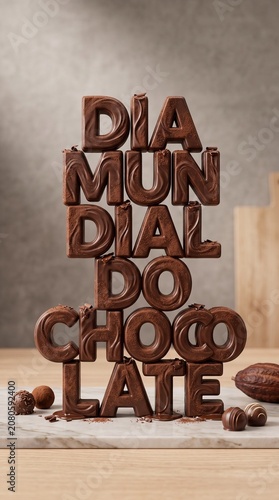 Letreiro vertical tridimensional em chocolate texturizado com acabamento refinado para campanhas sofisticadas do Dia Mundial do Chocolate