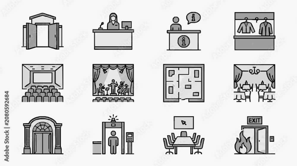 Fototapeta premium Industrial Black and White Line Drawing Icons of Various Event and Office Scenes for Presentations