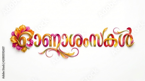 Colorful 3D Malayalam Calligraphy Text Reading Onashamsakal with Vibrant Flowers for Happy Onam Festival Greetings, Isolated on White Background with Copy Space