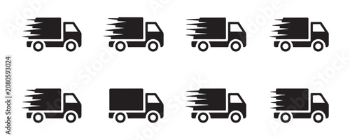 Set of fast delivery truck vector icons with motion lines for transport logistics and shipping services.