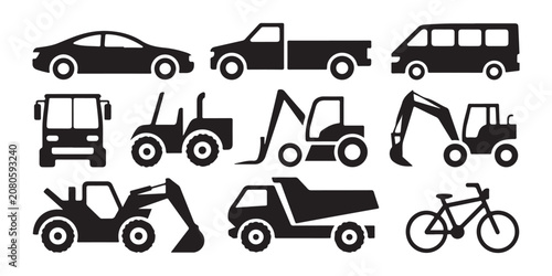 Set of heavy machinery and construction vehicle silhouettes isolated on a grey background vector illustration.