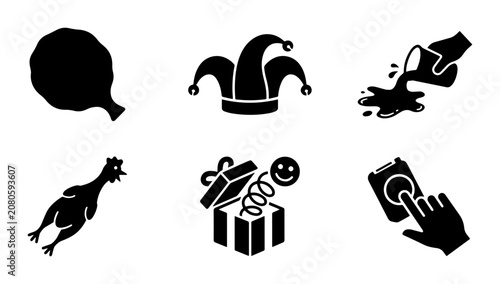 Foto Funny Prank Icons Set, Joke Objects Vector Collection, Humorous Surprise Graphic