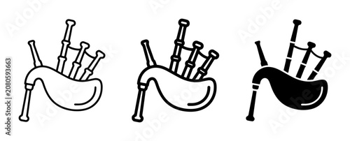 Bagpipe Icons Set, Scottish Musical Instrument Vector Graphics, Traditional Folk Music Symbols