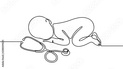 Infant lying beside stethoscope. Continuous line drawing of pediatric health checkup. Minimalist vector graphic isolated on white background