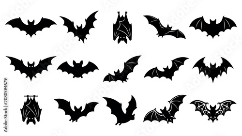 A Collection Of Various Bat Silhouette Icons Isolated On A White Background