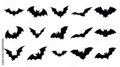 A collection of fifteen unique black bat silhouettes for spooky holiday designs