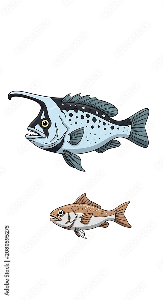 Fototapeta premium Two Illustrated Fish Swimming on Clean White Background
