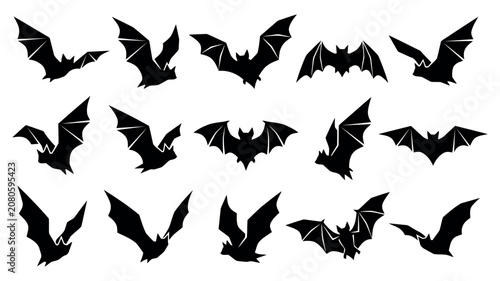 A Collection of Fifteen Distinct Black Silhouettes of Flying Bats in Motion