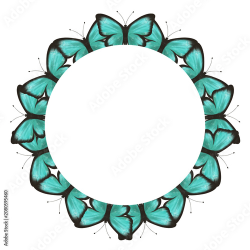 Round butterfly frame with vibrant turquoise butterflies arranged in an elegant wreath. Decorative border isolated on white, ideal for invitations, greeting cards, wedding designs and branding
