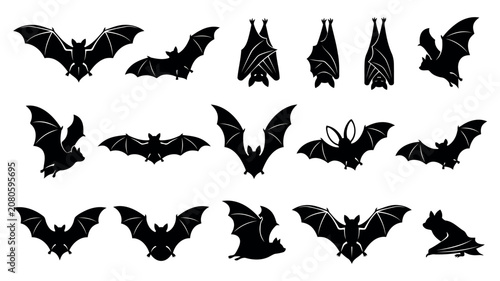 A collection of various black bat silhouettes in different flight and resting poses