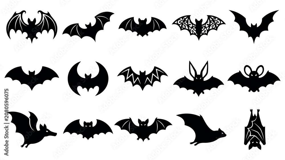 Obraz premium A collection of fifteen unique black bat silhouettes for Halloween themed designs