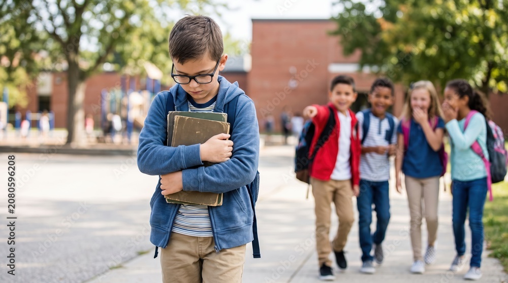 Fototapeta premium A group of children walks on the sidewalk near a school. One boy stands alone with books in his arms and looks down. The mood shows he feels left out or sad