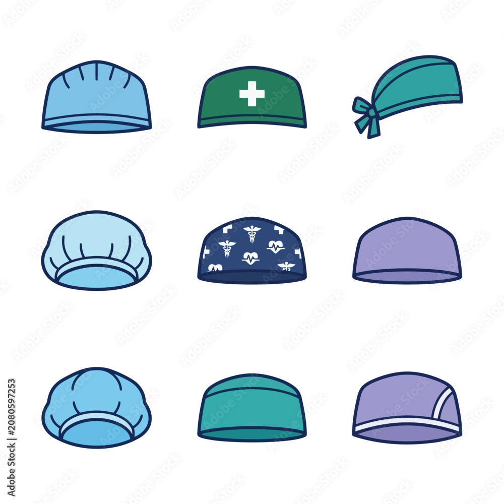 Fototapeta premium Surgical caps vector illustration assorted colors on white background