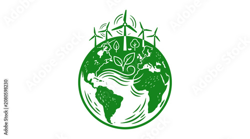 Green Earth Globe Icon with Wind Turbines and Nature Elements