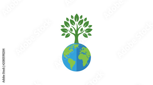 Green tree growing on top of planet earth globe icon