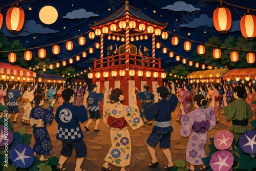 盆踊り　日本　ペーパーアート風