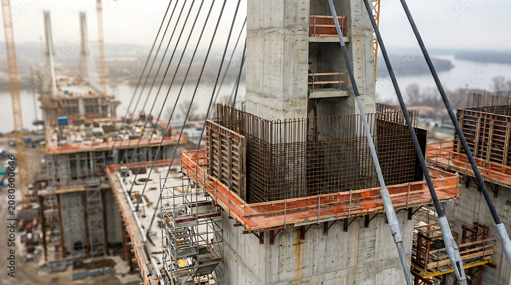 Naklejka premium High angle view of a concrete bridge pylon under construction with exposed rebar. Scaffolding and formwork on a suspension bridge tower. Civil engineering infrastructure project