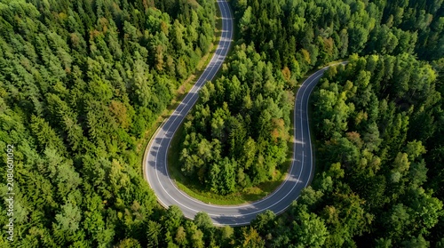 Aerial view of a winding road through a dense forest