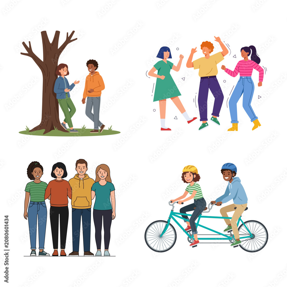 Fototapeta premium Diverse Group of Young Friends Engaging in Various Social Activities and Outdoor Recreational Hobbies