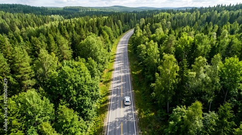 Aerial view of a white car driving on a winding road through a dense green forest