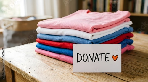 Stack of folded clothes for donation on wooden table