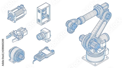 Industrial robotic arm and automation hardware components isometric blue wireframe technical set