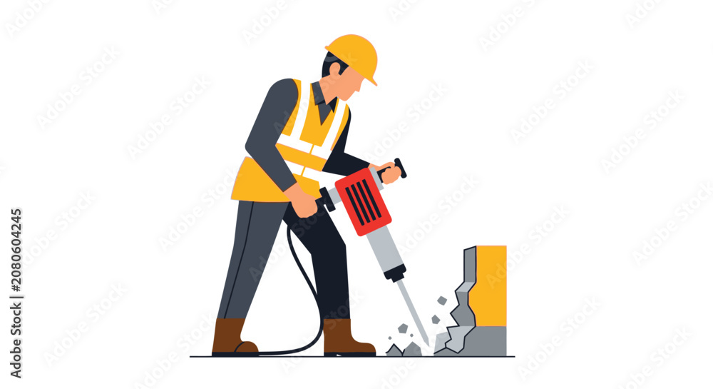 Fototapeta premium Construction worker using a jackhammer to break concrete, wearing safety gear like a hard hat and high-visibility vest. Flat vector illustration for industrial and building concepts.